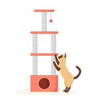 Cat tree with scratching posts. Siamese cat sharpens claws on cat tower. Cat playground and house. Flat style vector