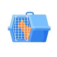 Red cat in carrier. Plastic carrying case for traveling with pets or visiting veterinarian. Red cat in transportation box or kennel. Flat style vector
