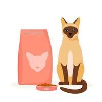 Cat food in bowl. Cat kibble in package or beg. Pet care and supplies concept. Flat style vector