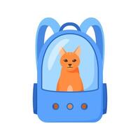 Cat in carrier bag. Backpack with window for traveling with pets or visiting veterinarian. Red cat in transportation case. Flat style vector