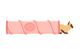 Cat tunnel. Cute siamese cat in collapsible toy tube. Hiding and resting place for indoor pet. Flat style vector