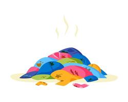 Pile of clothes on floor. Heap of dirty stinky laundry. Stack of dirty smelly apparel on laundry day. Wardrobe mess. Flat illustration. vector