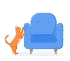 Ginger cat scratching chair. Nasty kitten destroying home furniture with claws. Bad behaved pet tearing sofa. Flat style vector