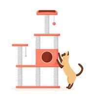 Cat tree with scratching posts. Siamese cat sharpens claws on cat tower. Cat playground and house. vector