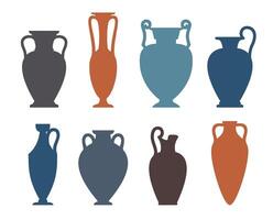 Vase silhouettes set. Different antique ceramic vases and vessels. Various forms and shapes of ancient greek jars and amphorae. Clay vessels pottery. vector