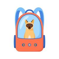 Cat in carrier bag. Backpack with window for traveling with pets or visiting veterinarian. Siamese cat in transportation case. Flat style vector