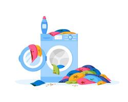 Pile of dirty clothes on floor. Washing machine and liquid detergent bottle. Heap of dirty laundry. Stack of dirty apparel on laundry day vector