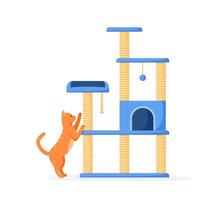 Cat tree with scratching posts and toys. Cute red cat sharpens claws on cat tower. Cat playground and house with claw sharpeners. Flat style vector