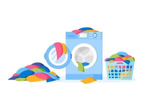 Pile of dirty clothes on floor and in laundry basket. Washing machine and liquid detergent bottle. Heap of dirty cloth. Stack of dirty apparel on laundry day. Flat illustration. vector