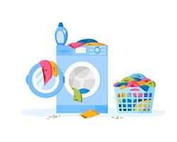 Pile of dirty clothes in laundry basket. Washing machine and liquid detergent bottle. Heap of dirty cloth. Stack of dirty apparel on laundry day. Flat illustration. vector