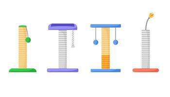 Scratching post set. Rope posts for cat to sharpen claws. Cat tree with toys. Supplies and accessories for domestic cat vector