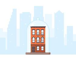 Old-fashioned house and city view silhouette. Brick building covered by glass dome. Rent control house concept. Rent stabilized apartment unit. Well preserved and protected property. Flat vector