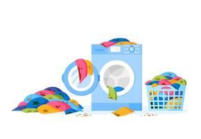 Pile of dirty clothes on floor and in laundry basket. Washing machine and liquid detergent bottle. Heap of dirty cloth. Stack of dirty apparel on laundry day vector