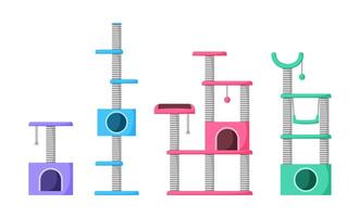 Cat trees and scratching posts set. Cat playground with claw sharpeners. Pet tower with rope posts. Supplies and accessories for domestic pets. Flat style vector
