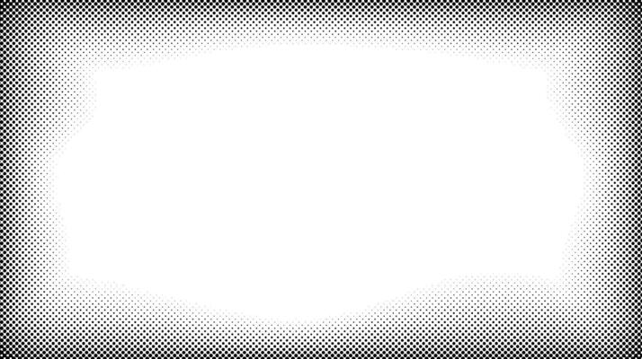 Halftone frame. Comic style divider. Pop art faded frame. Grunge speckle grain background. Dotted particles separator. White and black abstract wallpaper.