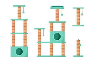 Cat trees and scratching posts set. Cat playground with claw sharpeners. Pet tower with rope posts. Supplies and accessories for domestic pets vector