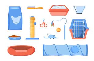 Cat supplies and accessories set for domestic pets. Pet food, scratching post, toilet, comb, scissors, feather toy, mouse, carrier, collar cone and bed. Products for animals. Flat design vector