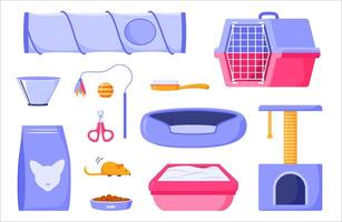 Cat supplies set for domestic pets. Pet food, scratching post, toilet, comb, scissors, feather toy, mouse, carrier, collar cone and bed. Products and accessories for animals. Flat design vector