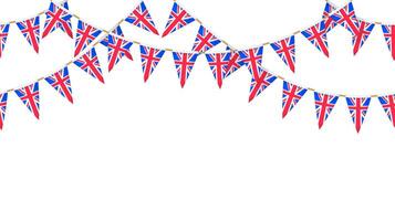 UK flag garland. Union Jack pennants chain. British party bunting decoration. Great Britain flags for celebration. Repeating pattern. background. vector