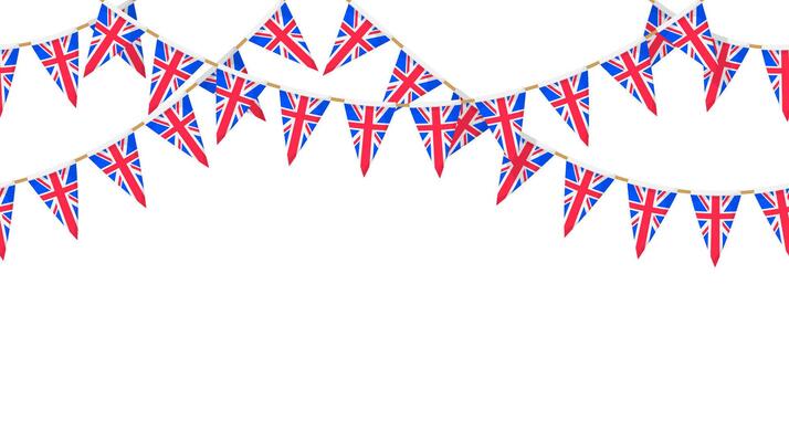 UK flag garland. Union Jack pennants chain. British party bunting decoration. Great Britain flags for celebration. Repeating pattern. background.