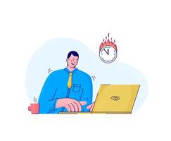 Hard working person on deadline pressure. Man trying to finish project on time. Burning deadline for Office worker, businessman or freelancer. illustration vector