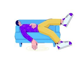Worried sad man lying on couch. Bored and tired person without motivation in apathy on sofa. Lazy character procrastinating and postponing. Burnout and stress concept illustration vector