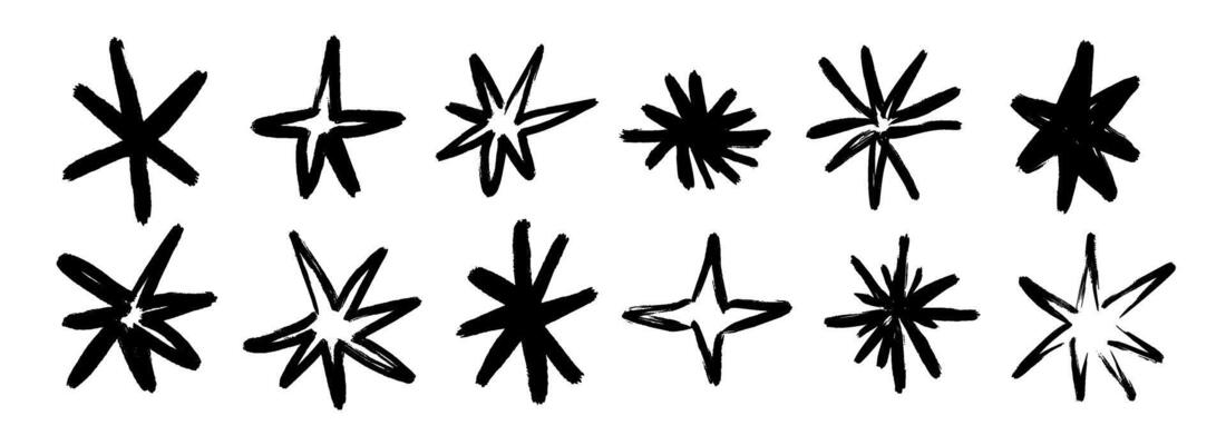 Black crayon hand drawn stars set. Childish doodled sparks and sparkles collection. Grunge rough brush stroke shine element pack for collage, poster, sticker, label. Pencil sketched symbols.