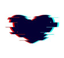 Glitch distorted heart shape. TV or vhs noise design element. Destroyed love symbol with flaws and damages. vector