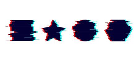 Glitch distorted geometric shapes set. Circle, square, star, hexagon with TV or vhs noise. Futuristic destroyed design elements collection. Pixilated text boxes. vector