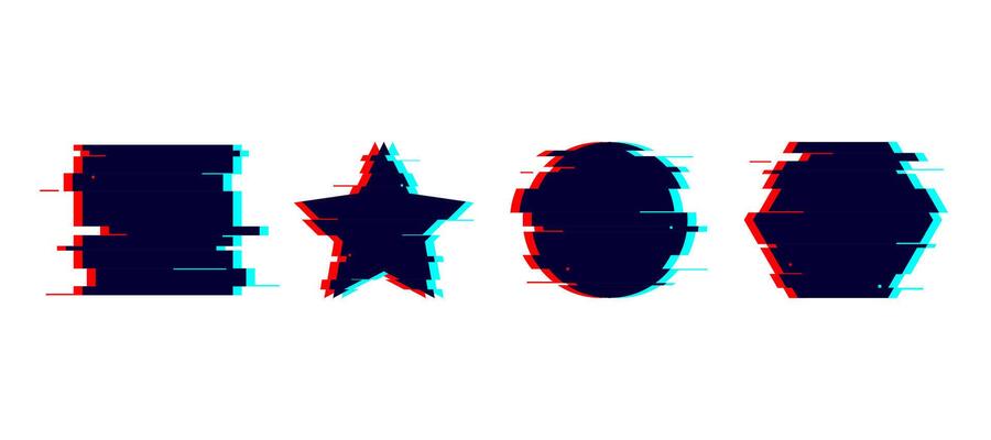 Glitch distorted geometric shapes set. Circle, square, star, hexagon with TV or vhs noise. Futuristic destroyed design elements collection. Pixilated text boxes.