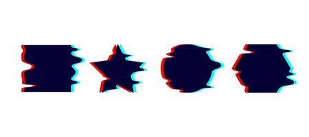 Glitched melt geometric shapes set. Distorted circle, square, star, hexagon with drip effect. Futuristic destroyed design elements collection. Text boxes. vector