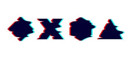 Glitched melted geometric shapes set. Distorted square, cross, triangle, hexagon with drip effect. Futuristic destroyed design elements collection. Text boxes. vector