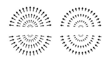 Arrows pointing inside and outside. Hemispheres, epicenter, target, radar concept. Inward and outward arrows. vector
