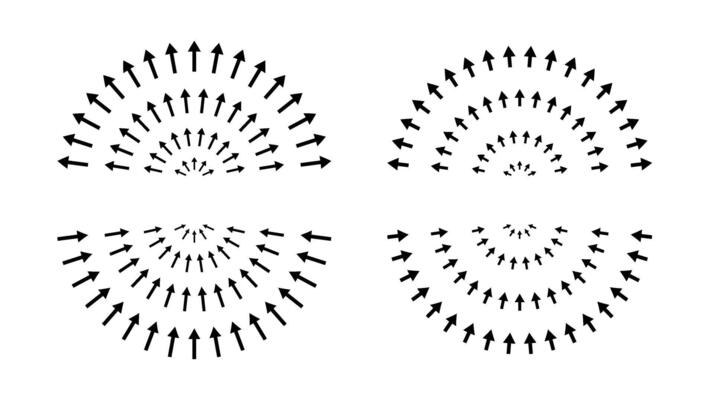 Arrows pointing inside and outside. Hemispheres, epicenter, target, radar concept. Inward and outward arrows.