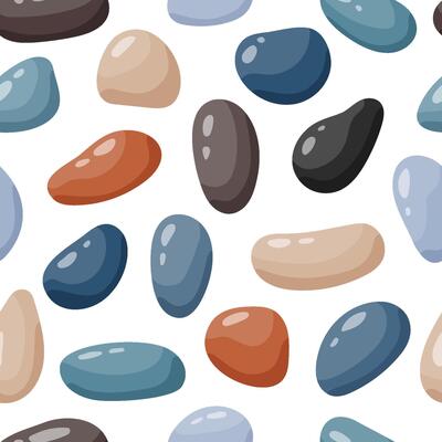 Pebble seamless pattern. Smooth stones background. Cartoon cobblestone paving texture. Sea or river pebbles and rocks repeating wallpaper.