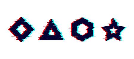 Glitch distorted geometric shapes set. Square, triangle, star, hexagon with TV or vhs noise. Futuristic destroyed design elements collection. Pixilated boxes frames. vector