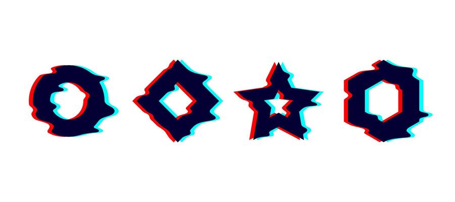 Glitched melted geometric shapes set. Distorted ring, square, star, hexagon with drip effect. Futuristic destroyed design elements collection. Text boxes.