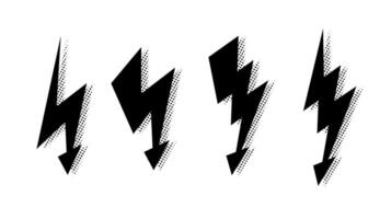 Comic lightning bolt set. Black grunge thunderbolt collection. Halftone texture flash symbols. lightning strike signs. vector