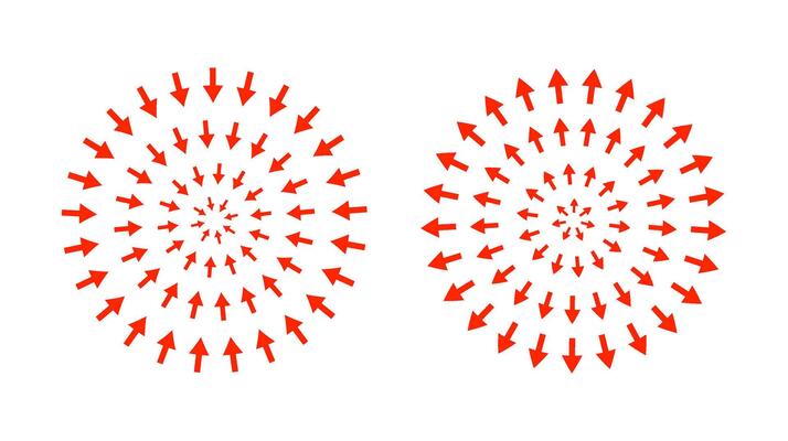 Red concentric arrows pointing to center. Epicenter, target, radar concept. Inward arrows.