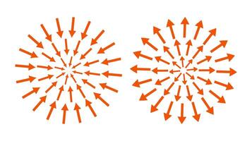 Red concentric arrows pointing inside and outside. Epicenter, target, radar concept. Inward arrows. vector