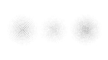 Faded concentric circles set. Dotted grainy rings set. Stippled gradient epicentre, radar or target concept . Grain noise sound wave. stochastic dot work vector