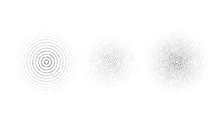 Faded concentric circles set. Dotted grainy rings set. Stippled gradient epicentre, radar or target concept . Grain noise sound wave. stochastic dot work