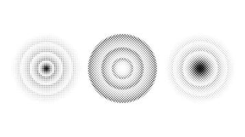 Halftone concentric circles set. Comic texture rings collection. Round dotted gradient collection. Radial design elements. Epicentre, target, radar concept. Abstract background vector