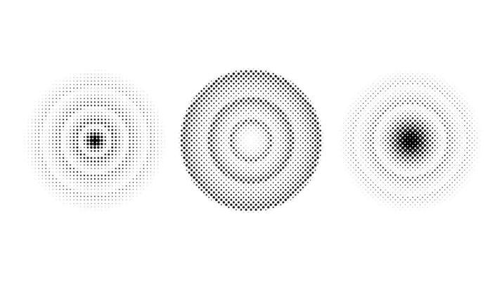 Halftone concentric circles set. Comic texture rings collection. Round dotted gradient collection. Radial design elements. Epicentre, target, radar concept. Abstract background
