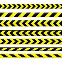 Caution tape set. Yellow and black warning stripes collection. Repeating construction, hazard, danger sellotapes. Restriction and prohibition zones adhesive tapes. vector