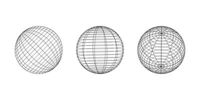 Wireframe spheres in different angles. Globe grid frame elements set. Geometric round net. Outline graphic design collection. vector