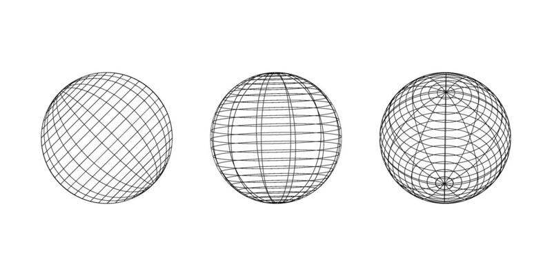 Wireframe spheres in different angles. Globe grid frame elements set. Geometric round net. Outline graphic design collection.