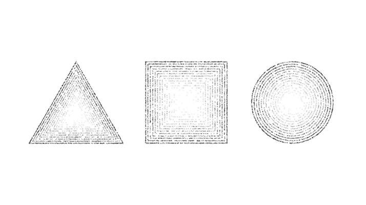 Dotted grainy shapes set. Stippled square, circle and triangle with gradient. Grain noise geometric forms. Stochastic dot work collection.