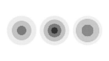 Halftone concentric circles set. Comic texture rings collection. Dotted round collection. Radial design elements. Epicentre, target, radar concept. Abstract background. vector