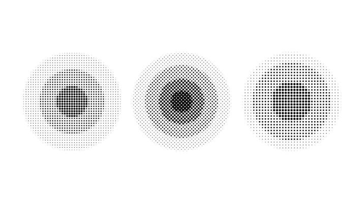 Halftone concentric circles set. Comic texture rings collection. Dotted round collection. Radial design elements. Epicentre, target, radar concept. Abstract background.
